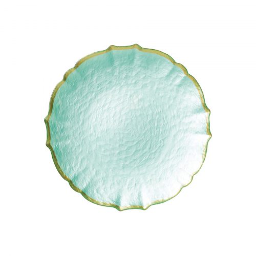 BAROQUE GLASS salad plate in teal / aqua green with rim for rent for weddings and events