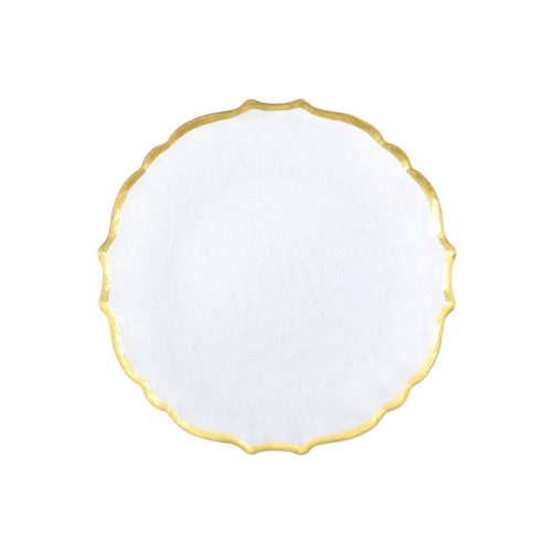 BAROQUE GLASS salad plate in clear white with gold rim for rent for weddings and events